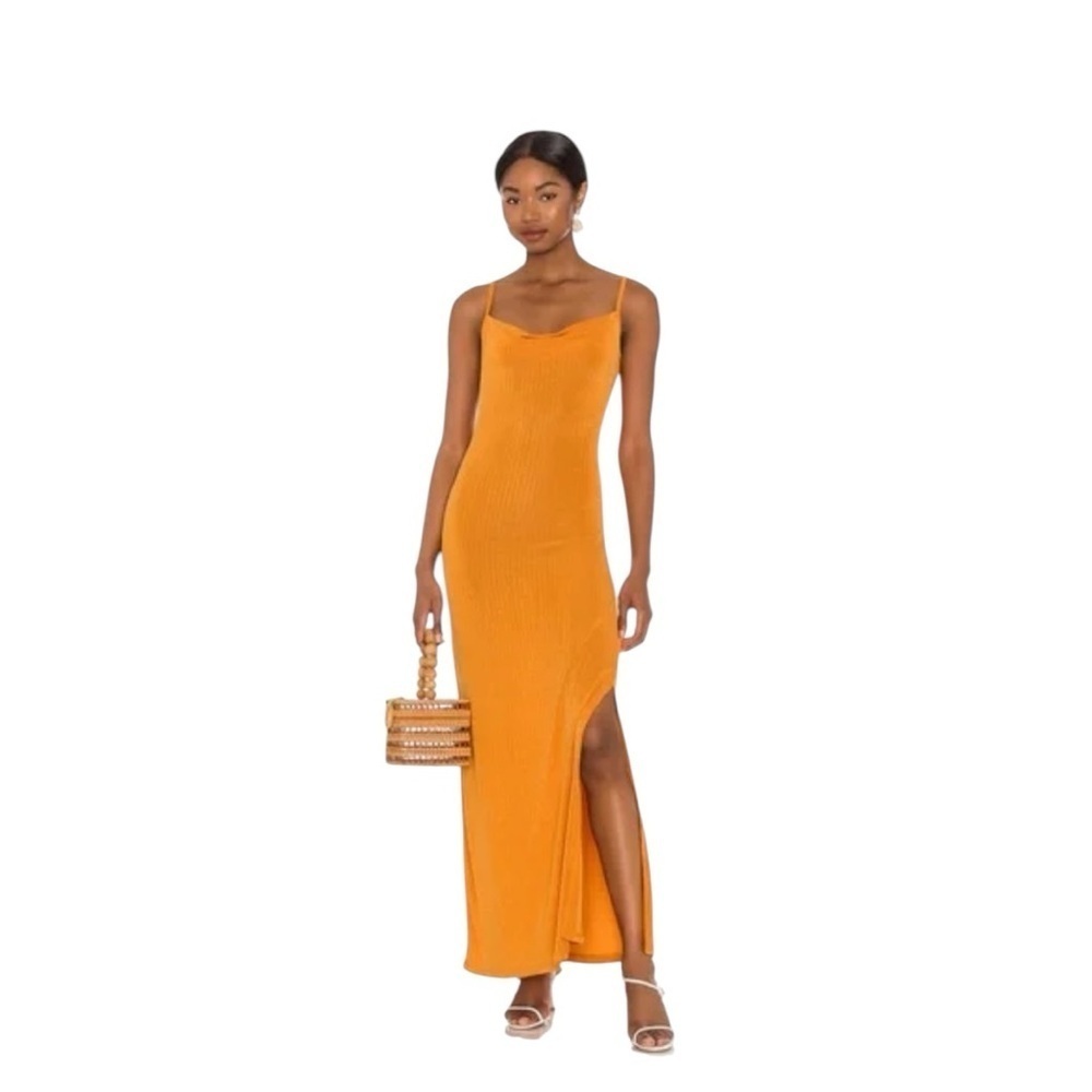 Free People Ribbed Maxi Slip Dress in Mustard Orange
